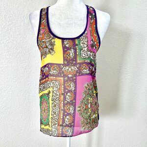 Maitai Sz Small Purple Multicolor Sheer Tank Top Hanky Print Sleeveless Colorful